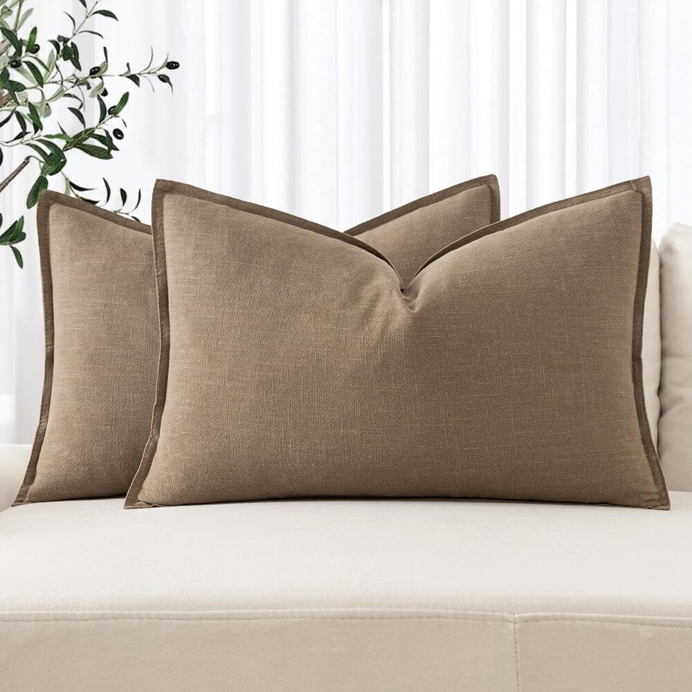 1737 Decorative Linen Lumbar Pillow Covers 12x20 Inch Khaki ​Boho